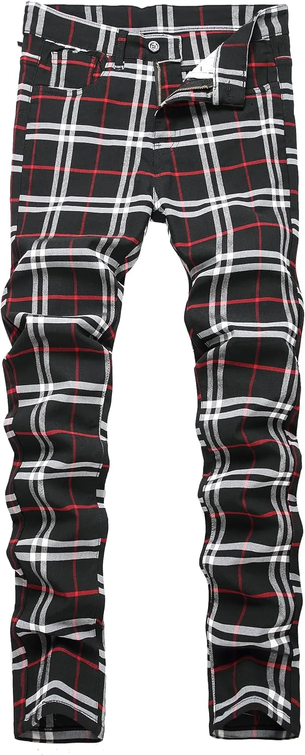 Plaid Pants for Men, Mens Skinny Stretch Slim fit Chinos Golf Business Dress Casual Pants