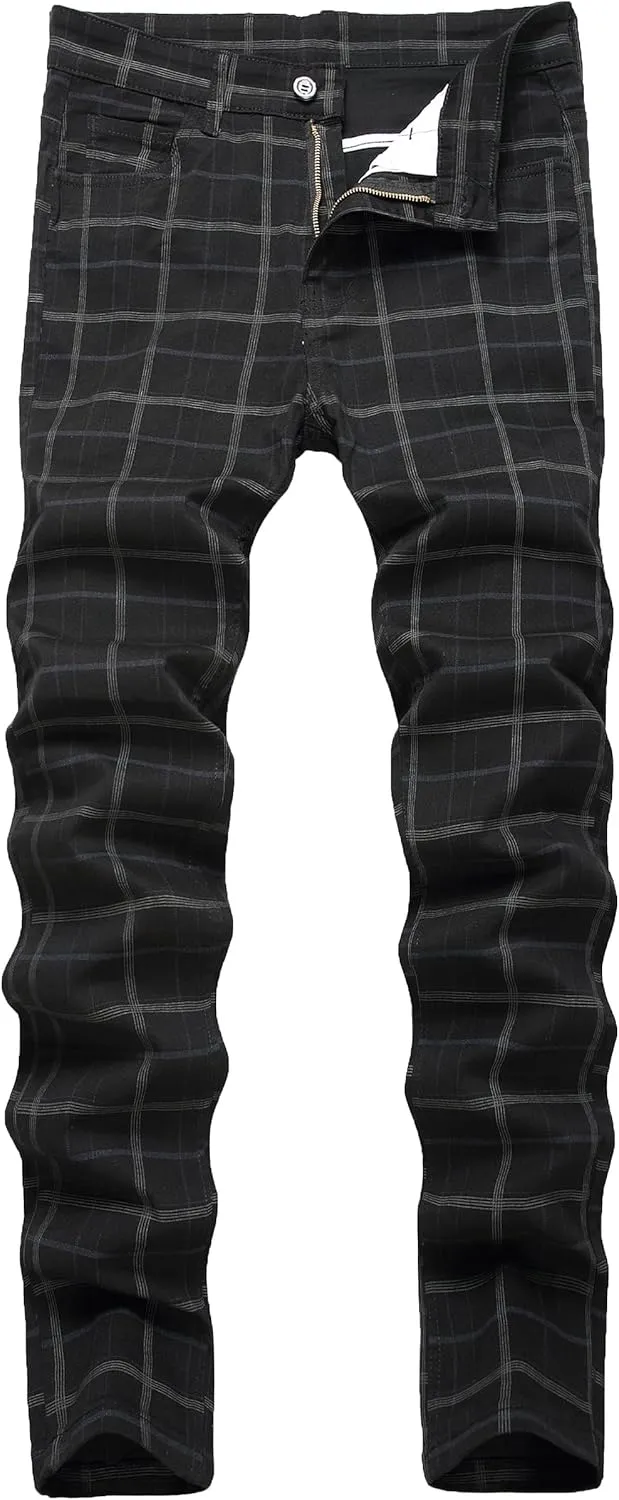Plaid Pants for Men, Mens Skinny Stretch Slim fit Chinos Golf Business Dress Casual Pants