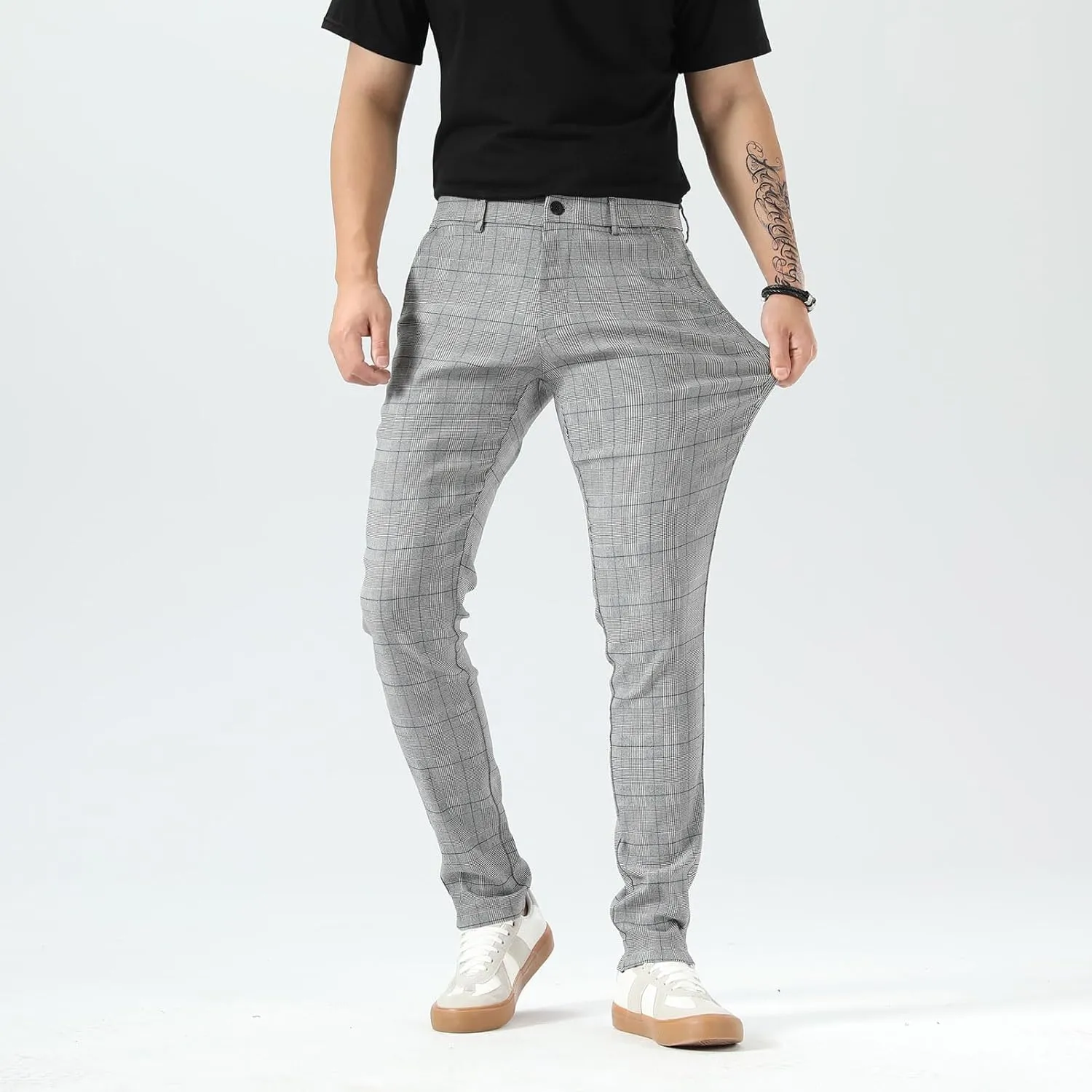 Plaid&Plain Men's Plaid Pants Skinny Dress Pants for Men Skinny Chino Pants Men