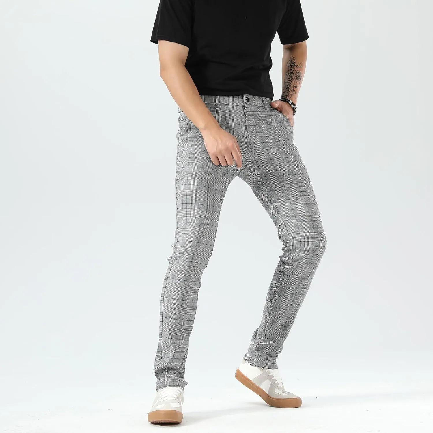 Plaid&Plain Men's Plaid Pants Skinny Dress Pants for Men Skinny Chino Pants Men