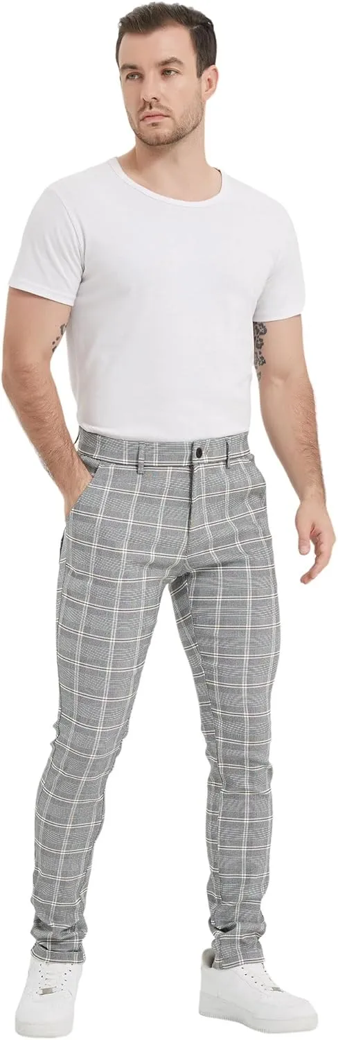 Plaid&Plain Men's Plaid Pants Skinny Dress Pants for Men Skinny Chino Pants Men