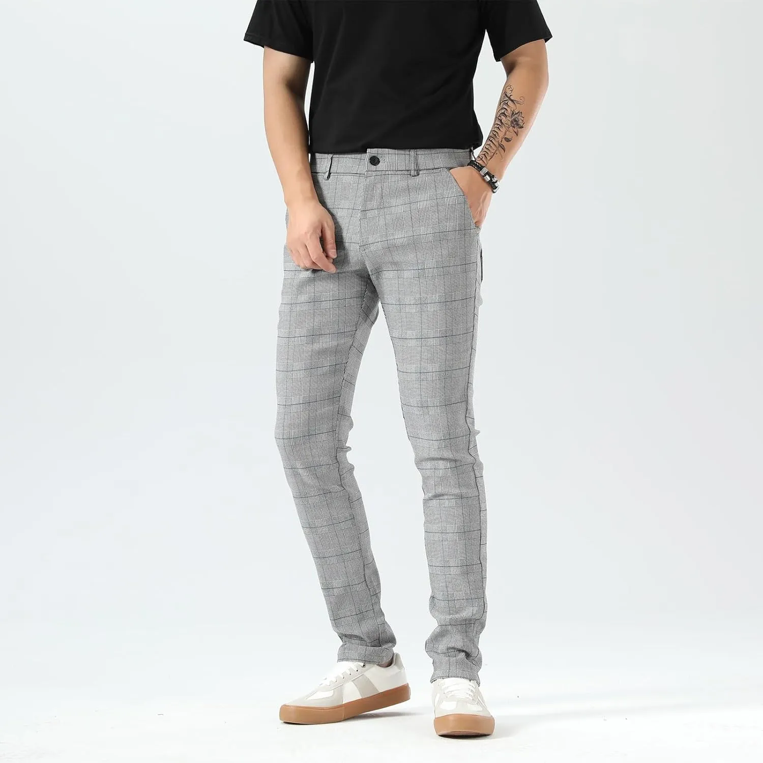 Plaid&Plain Men's Plaid Pants Skinny Dress Pants for Men Skinny Chino Pants Men