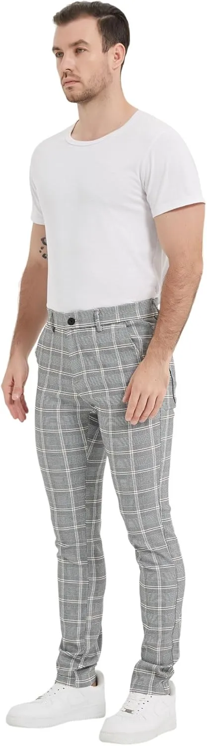 Plaid&Plain Men's Plaid Pants Skinny Dress Pants for Men Skinny Chino Pants Men