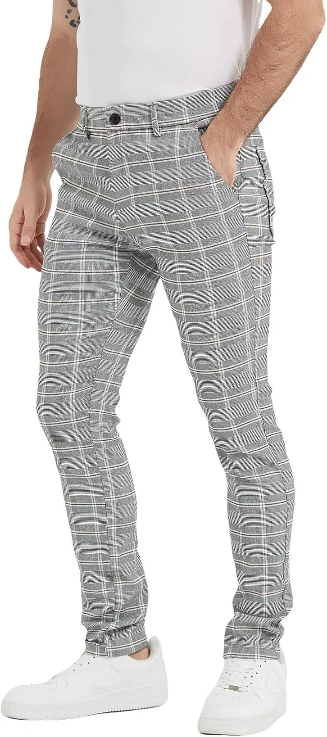 Plaid&Plain Men's Plaid Pants Skinny Dress Pants for Men Skinny Chino Pants Men