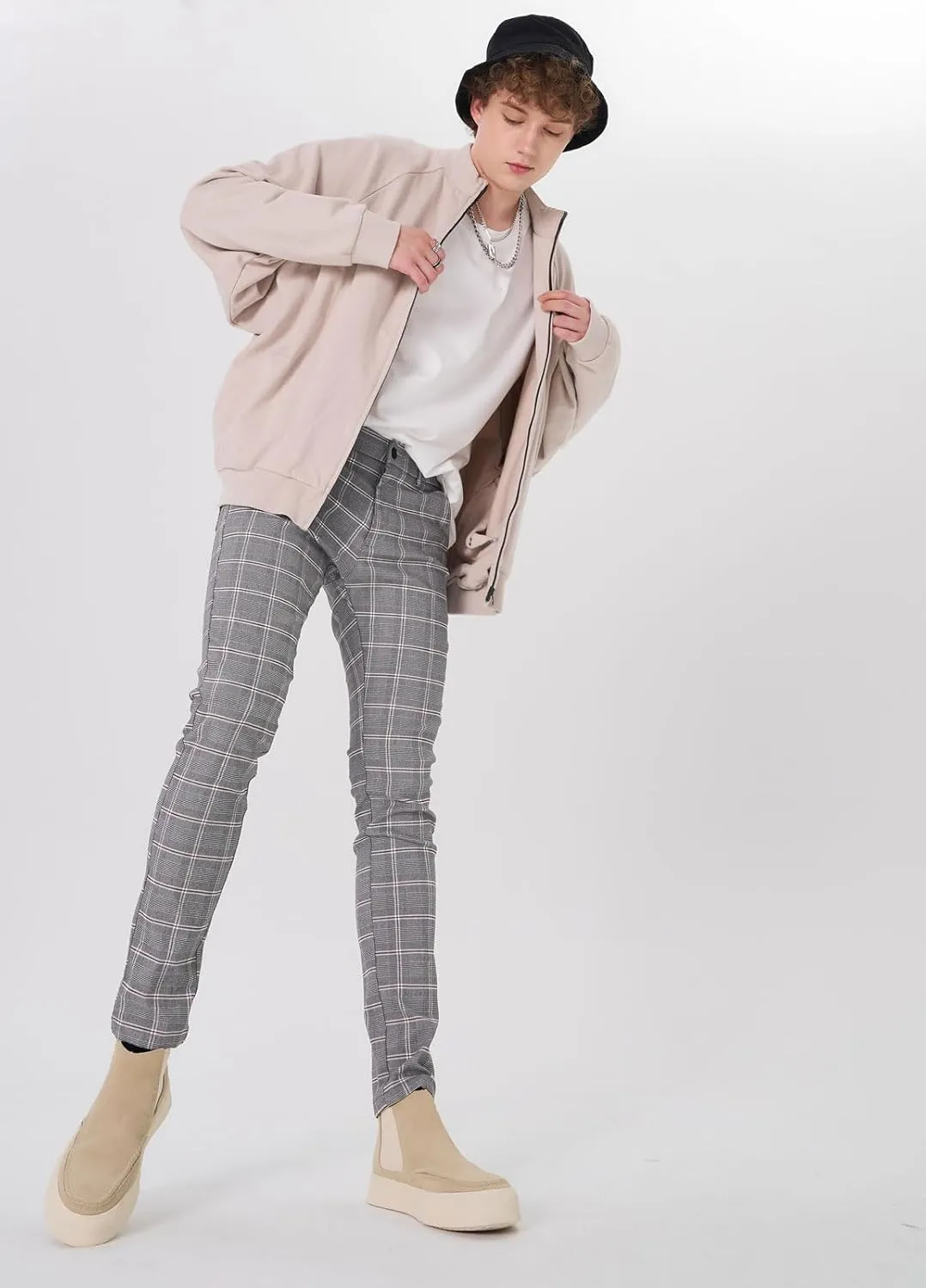 Plaid&Plain Men's Plaid Pants Skinny Dress Pants for Men Skinny Chino Pants Men