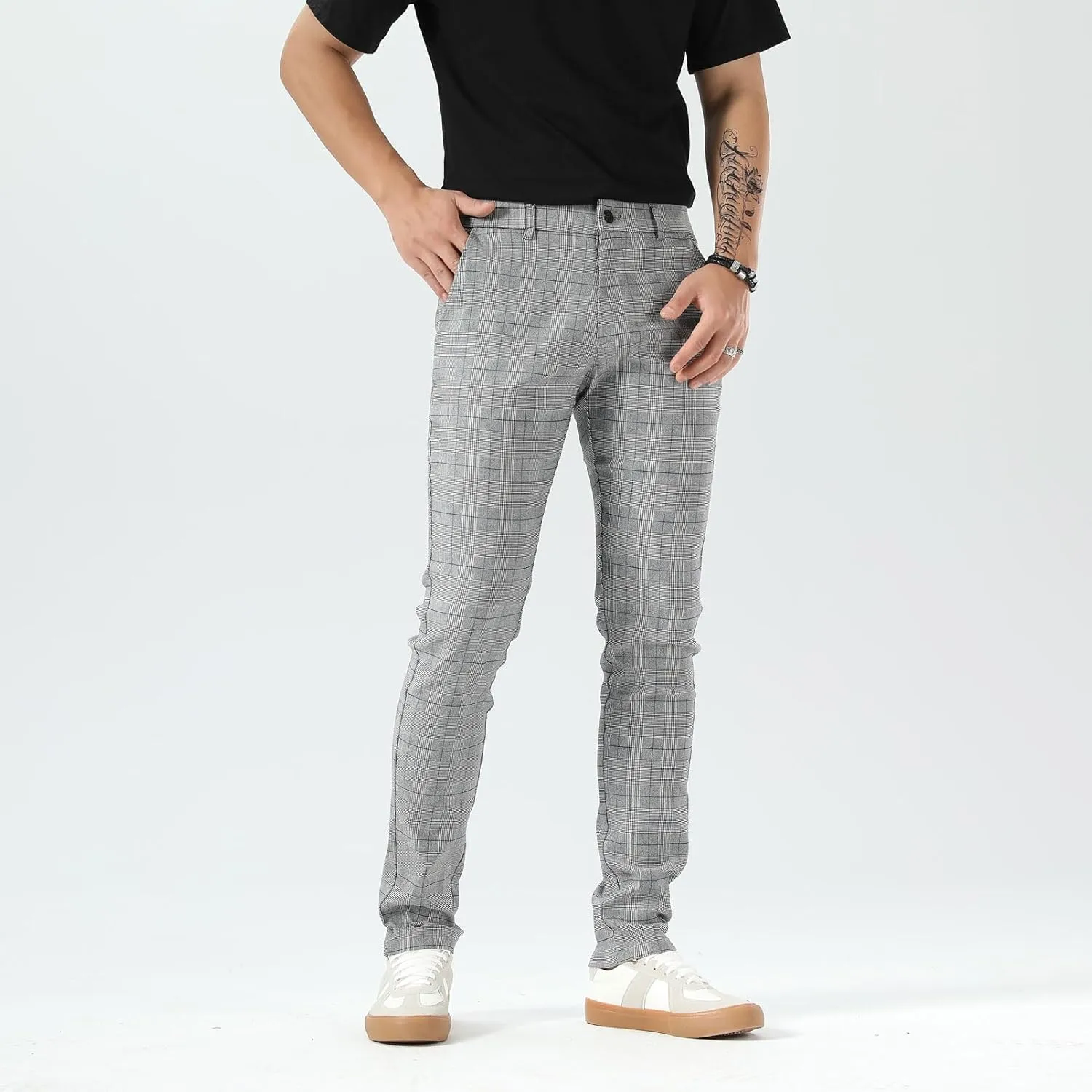 Plaid&Plain Men's Plaid Pants Skinny Dress Pants for Men Skinny Chino Pants Men