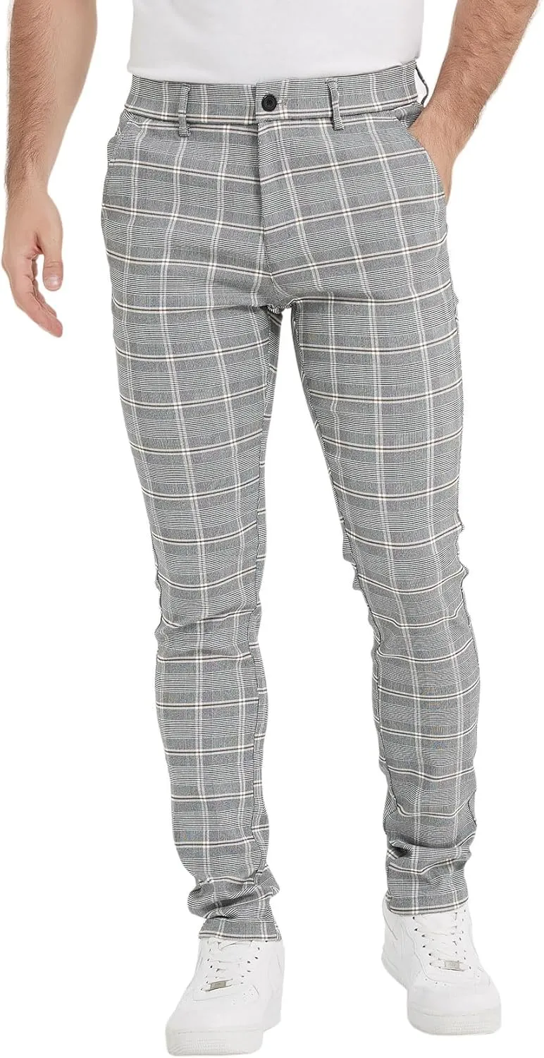 Plaid&Plain Men's Plaid Pants Skinny Dress Pants for Men Skinny Chino Pants Men