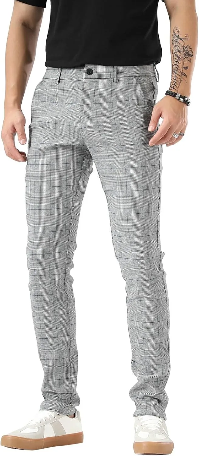 Plaid&Plain Men's Plaid Pants Skinny Dress Pants for Men Skinny Chino Pants Men