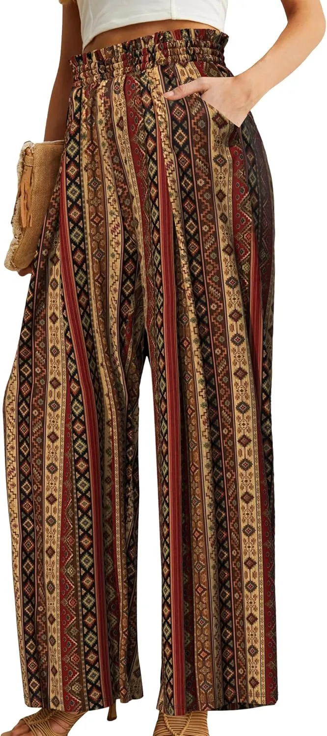 Plus Size Womens Wide Leg Pants High Waist Flowy Business Casual Trousers with Pockets, Adjustable Knot, Loose Fit