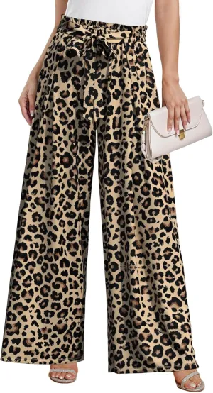 Plus Size Womens Wide Leg Pants High Waist Flowy Business Casual Trousers with Pockets, Adjustable Knot, Loose Fit