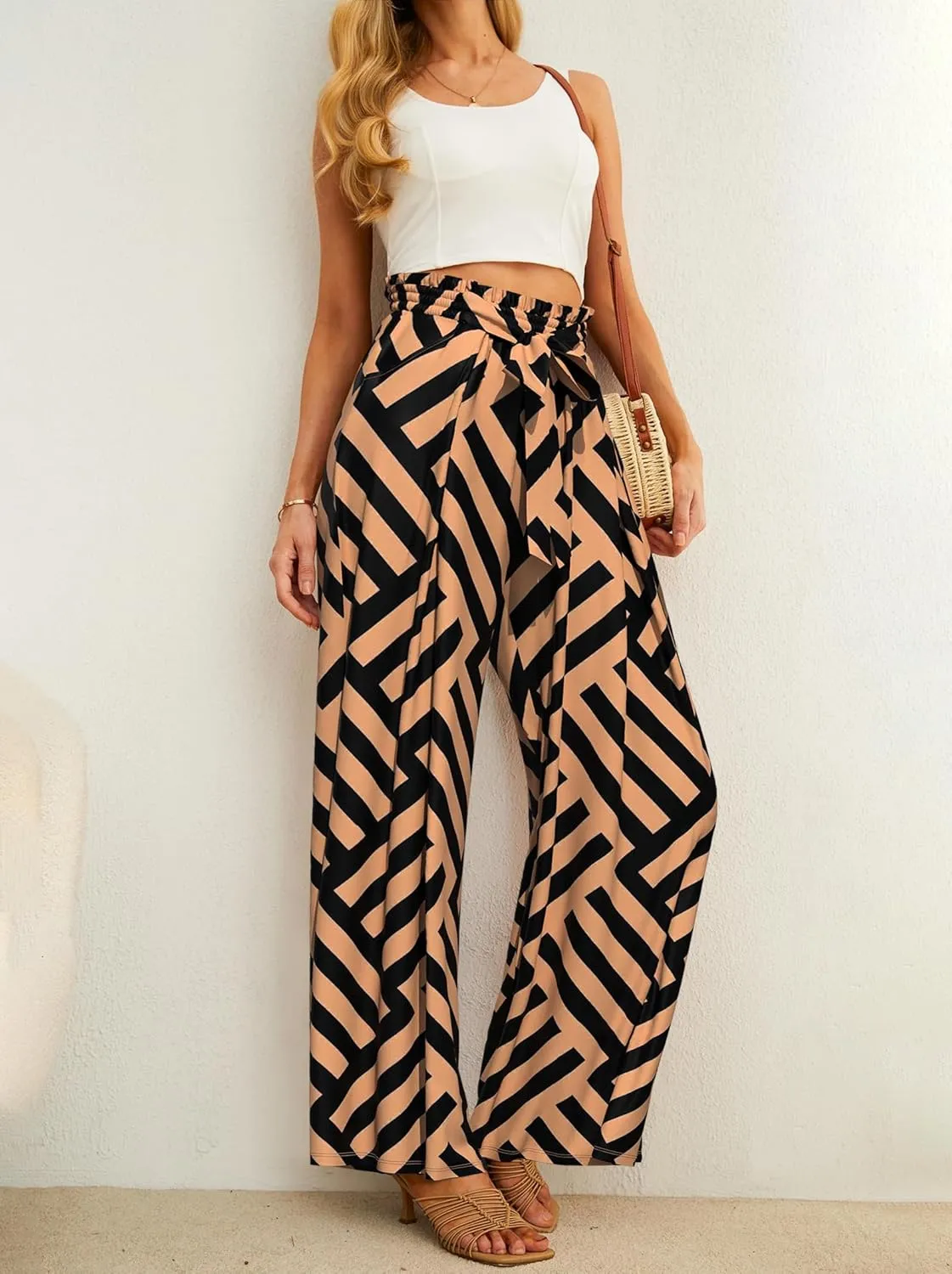 Plus Size Womens Wide Leg Pants High Waist Flowy Business Casual Trousers with Pockets, Adjustable Knot, Loose Fit