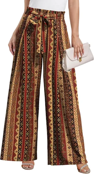 Plus Size Womens Wide Leg Pants High Waist Flowy Business Casual Trousers with Pockets, Adjustable Knot, Loose Fit