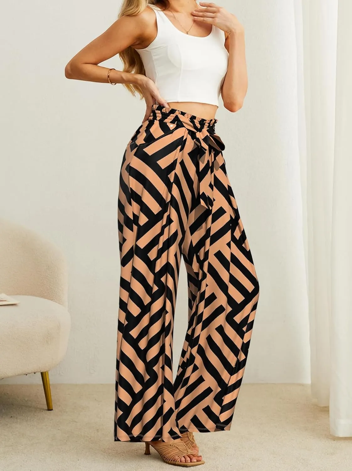 Plus Size Womens Wide Leg Pants High Waist Flowy Business Casual Trousers with Pockets, Adjustable Knot, Loose Fit