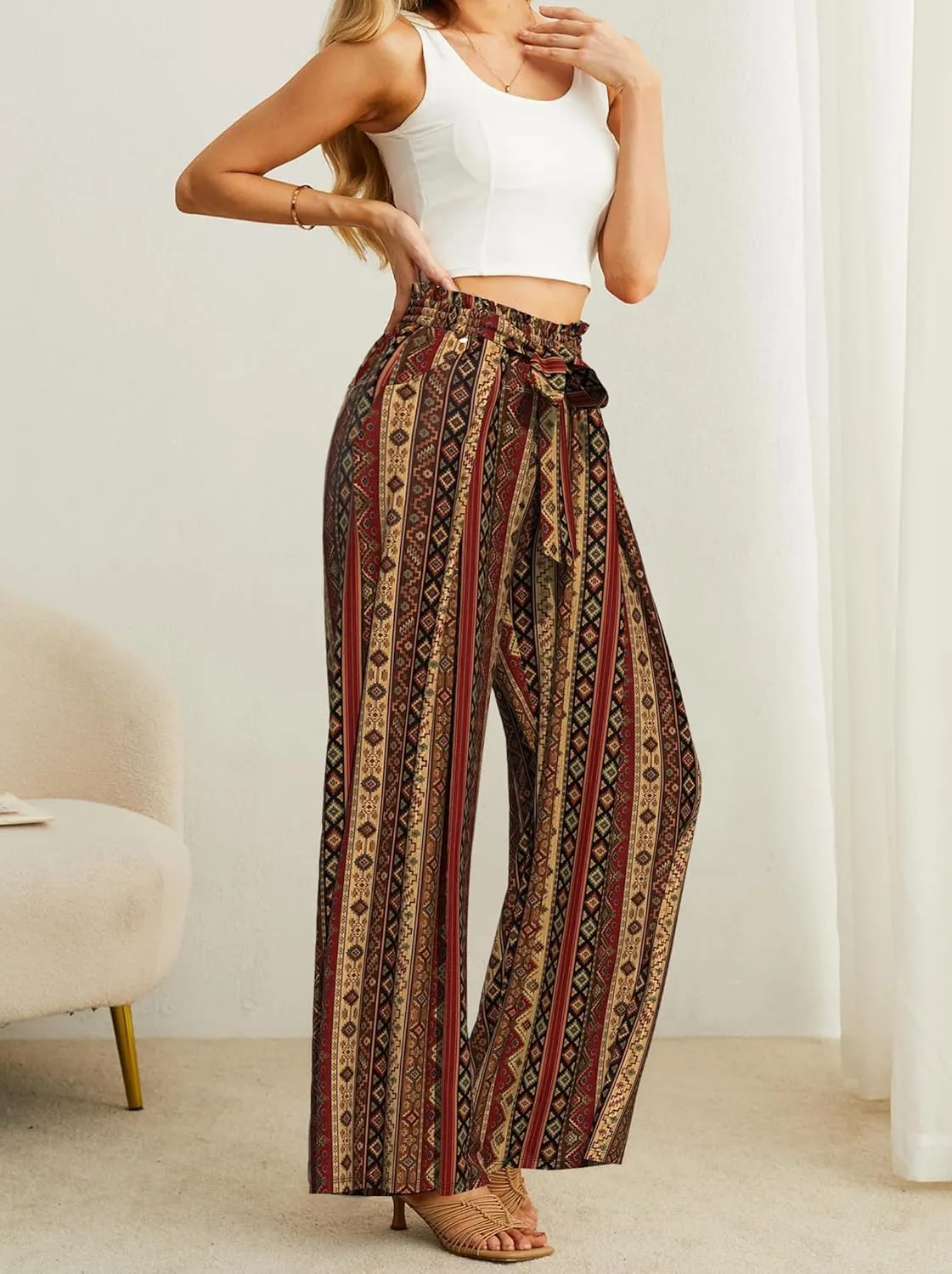 Plus Size Womens Wide Leg Pants High Waist Flowy Business Casual Trousers with Pockets, Adjustable Knot, Loose Fit