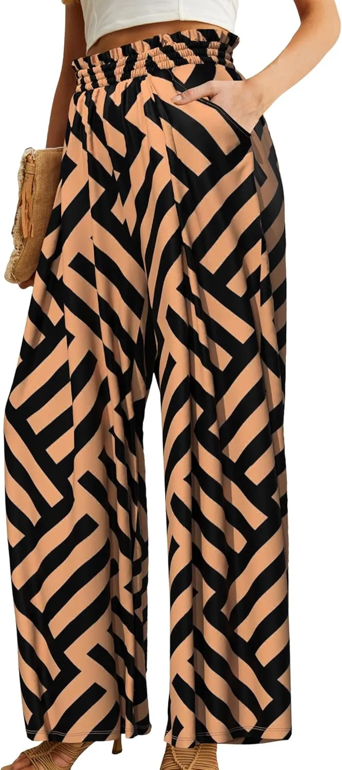 Plus Size Womens Wide Leg Pants High Waist Flowy Business Casual Trousers with Pockets, Adjustable Knot, Loose Fit