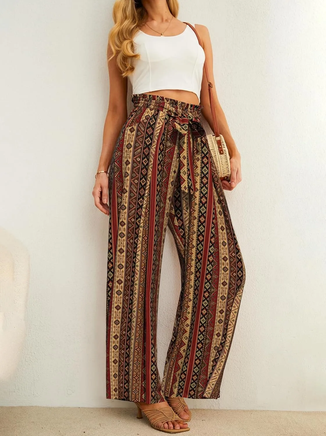 Plus Size Womens Wide Leg Pants High Waist Flowy Business Casual Trousers with Pockets, Adjustable Knot, Loose Fit