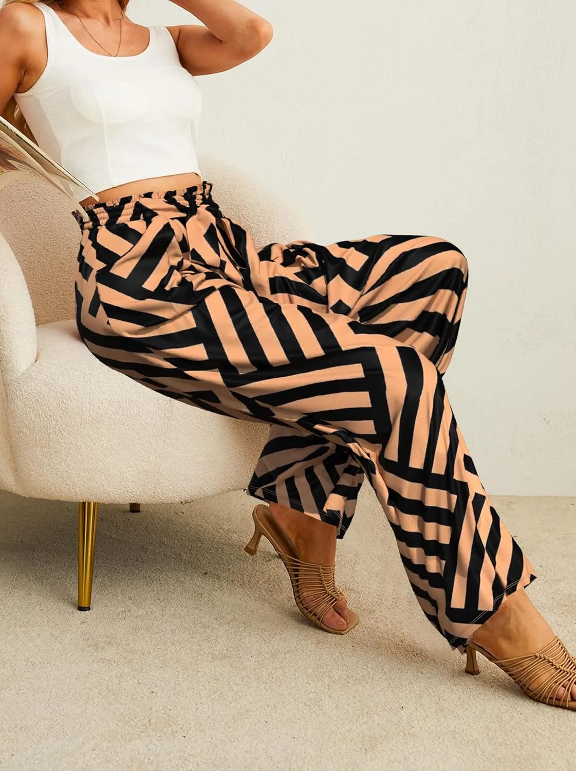 Plus Size Womens Wide Leg Pants High Waist Flowy Business Casual Trousers with Pockets, Adjustable Knot, Loose Fit