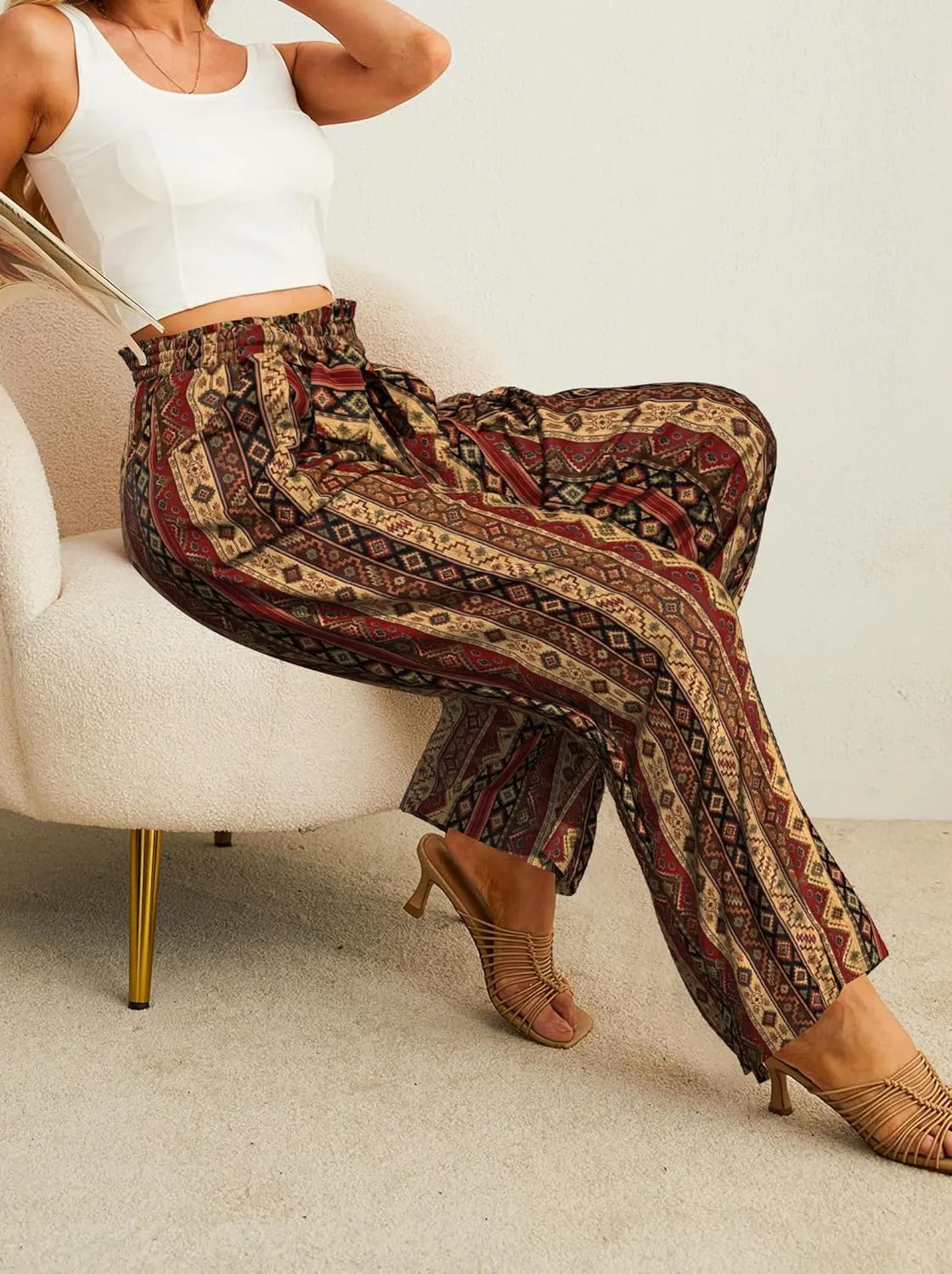 Plus Size Womens Wide Leg Pants High Waist Flowy Business Casual Trousers with Pockets, Adjustable Knot, Loose Fit