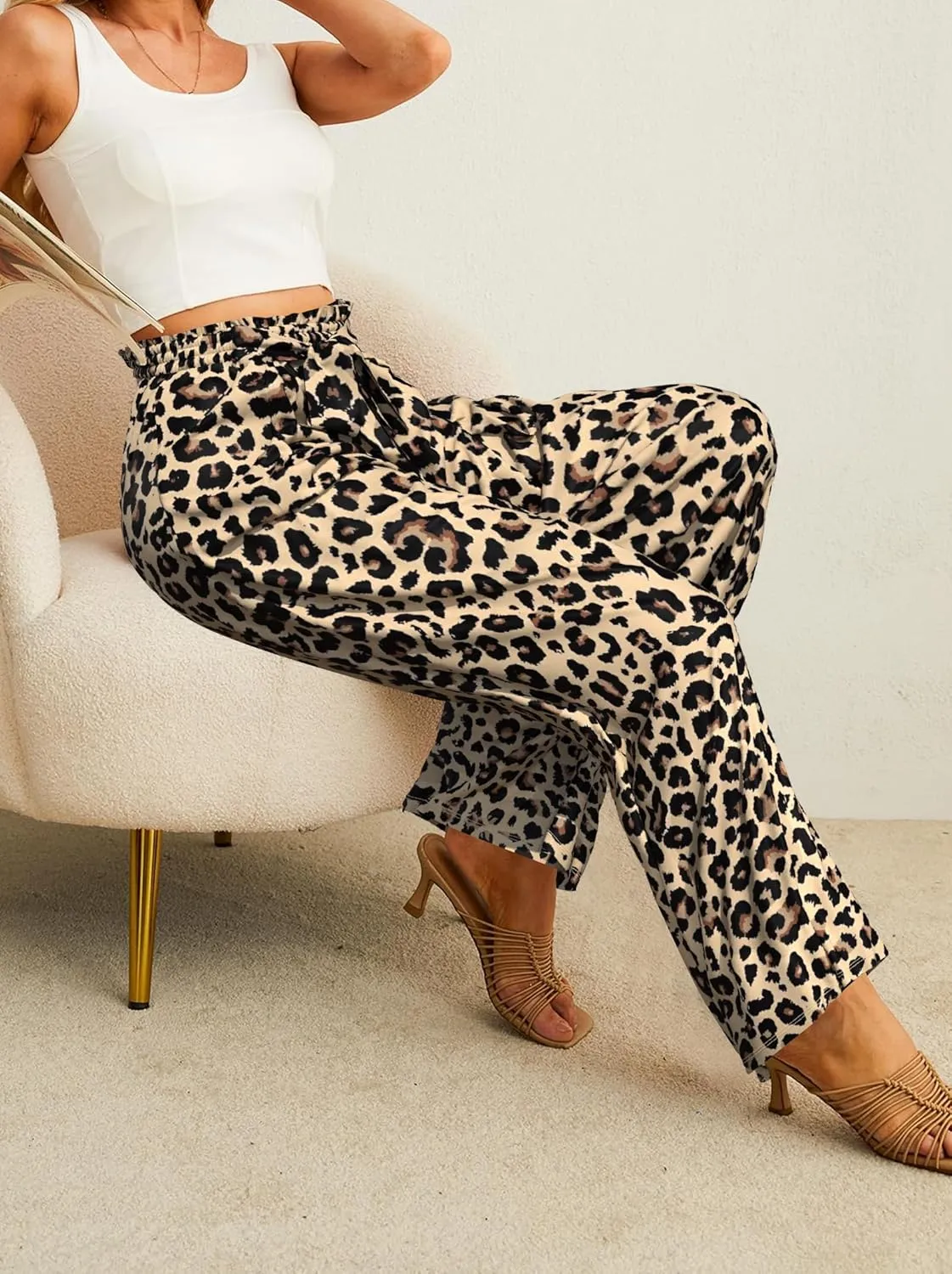 Plus Size Womens Wide Leg Pants High Waist Flowy Business Casual Trousers with Pockets, Adjustable Knot, Loose Fit
