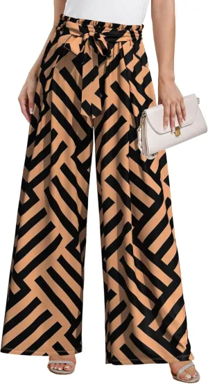 Plus Size Womens Wide Leg Pants High Waist Flowy Business Casual Trousers with Pockets, Adjustable Knot, Loose Fit