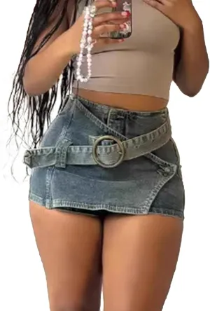 Ptorlio Womens Mini Jean Skirts Denim Short Bodycon High Waisted Y2K Streetwear Jeans Skirt with Belt
