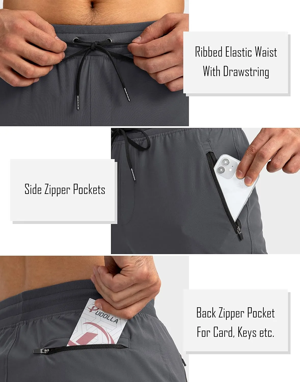 Pudolla Men's Lightweight Jogger Pants Workout Gym Running Pants with Zipper Pockets for Athletic Casual