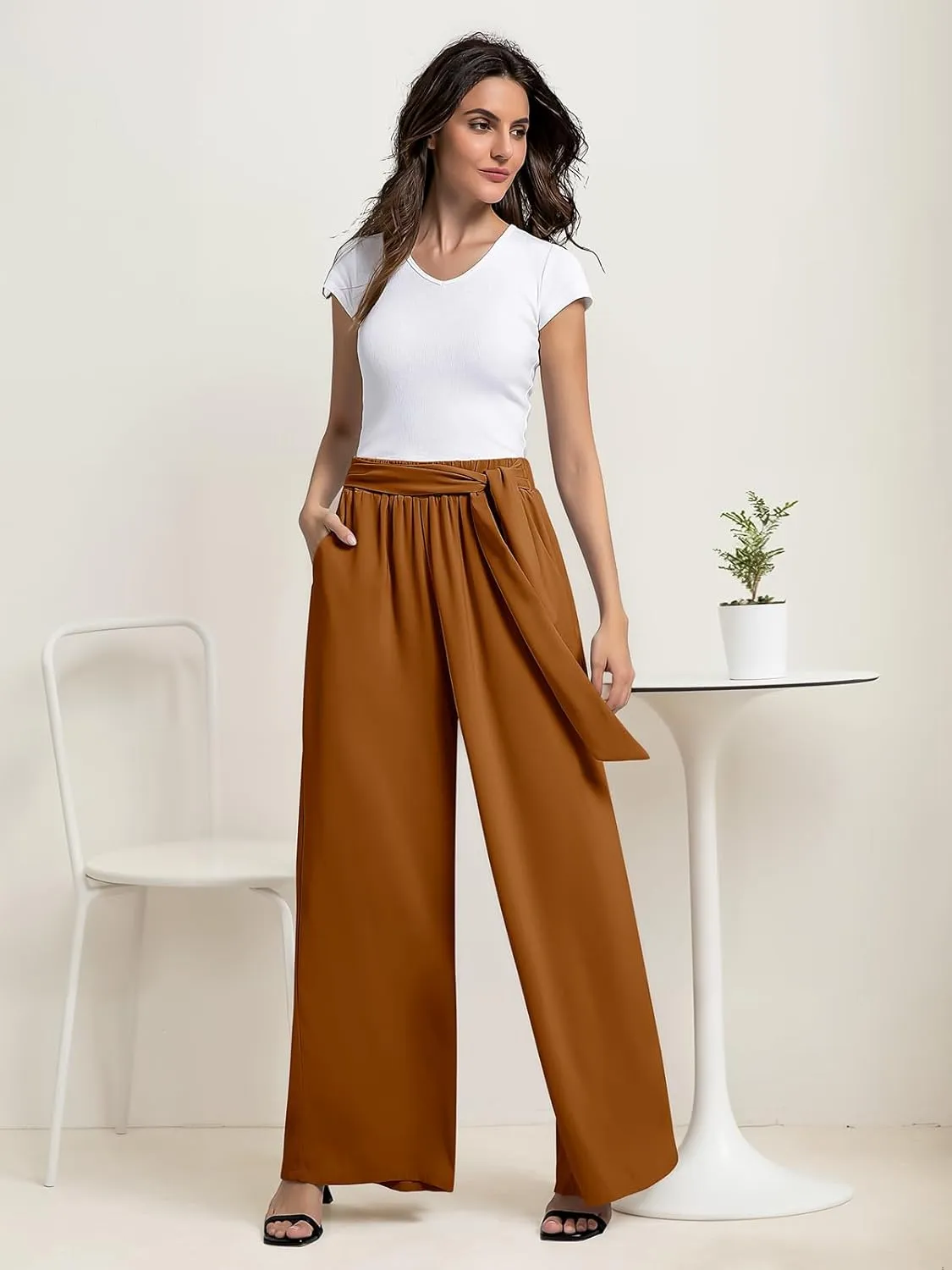 QIANXIZHAN Women's Wide Leg Pants, High Waisted Palazzo Pants Dressy Summer Flowy Casual Lounge Work Dress Pants Trousers WL