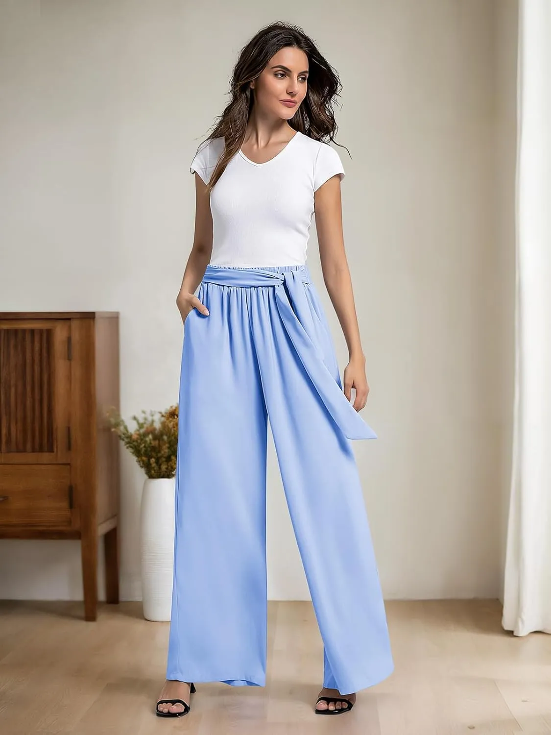 QIANXIZHAN Women's Wide Leg Pants, High Waisted Palazzo Pants Dressy Summer Flowy Casual Lounge Work Dress Pants Trousers WL