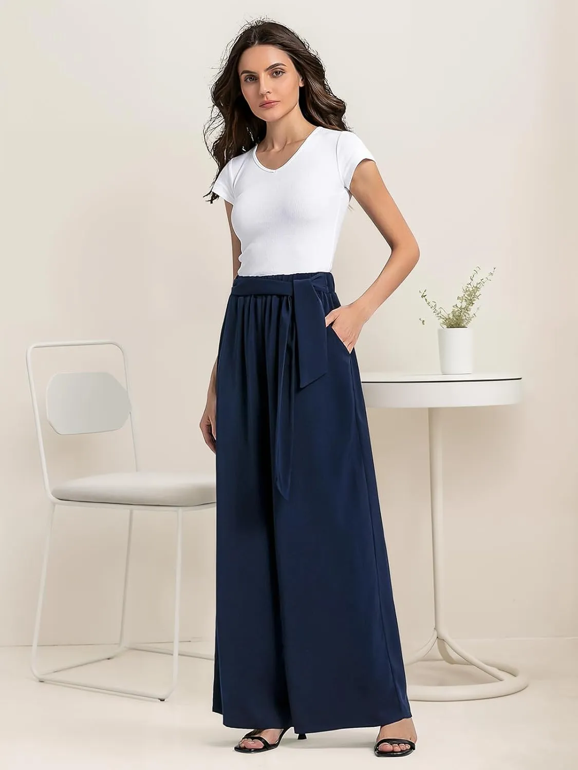 QIANXIZHAN Women's Wide Leg Pants, High Waisted Palazzo Pants Dressy Summer Flowy Casual Lounge Work Dress Pants Trousers WL