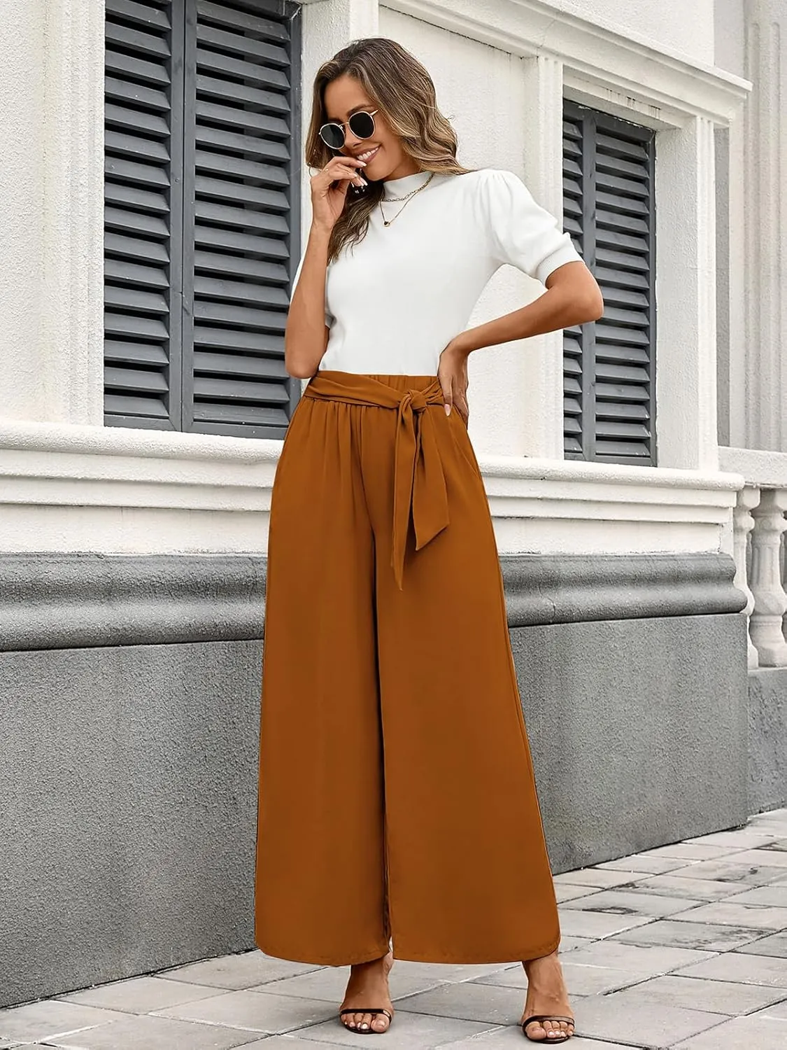 QIANXIZHAN Women's Wide Leg Pants, High Waisted Palazzo Pants Dressy Summer Flowy Casual Lounge Work Dress Pants Trousers WL