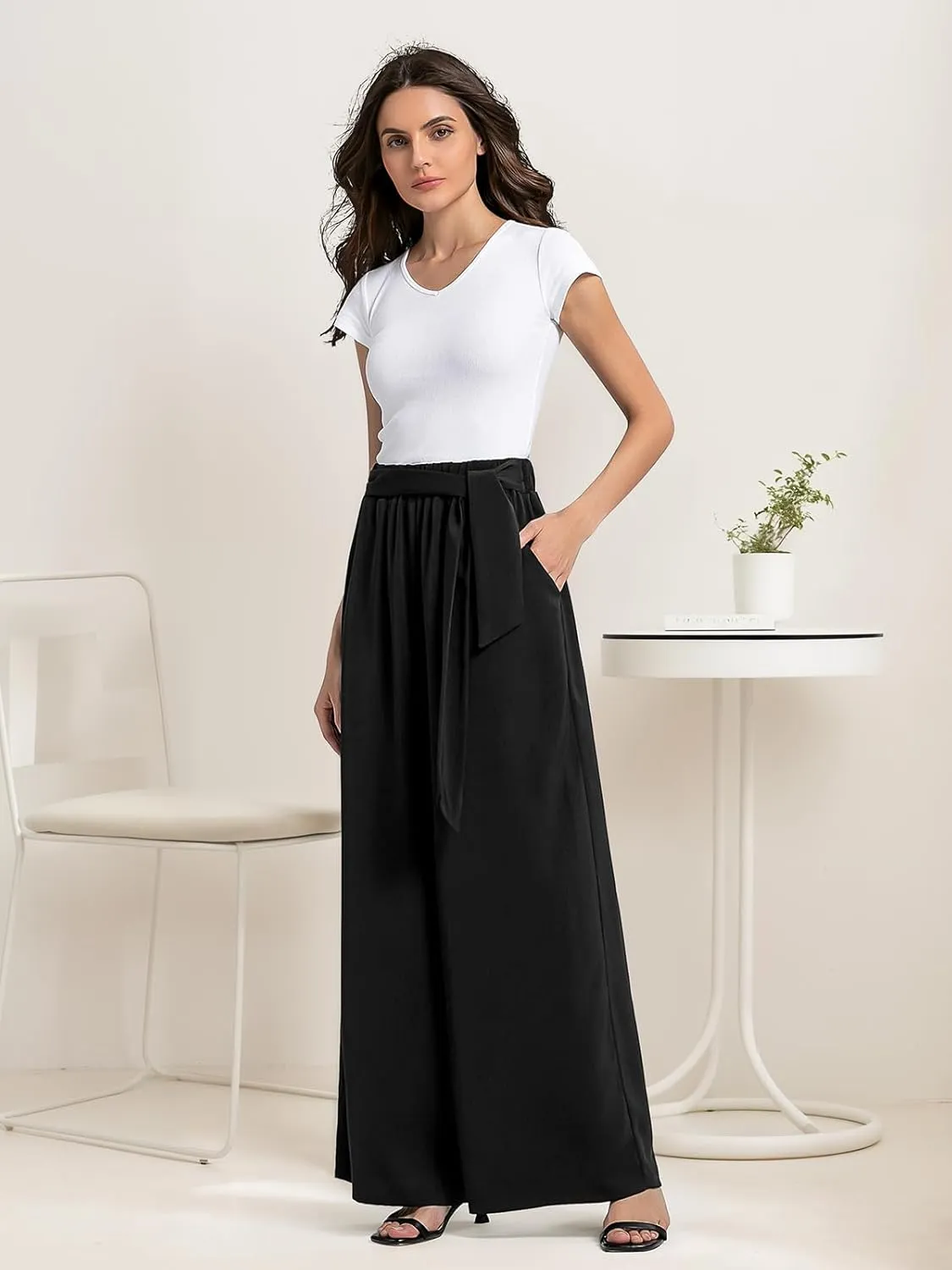 QIANXIZHAN Women's Wide Leg Pants, High Waisted Palazzo Pants Dressy Summer Flowy Casual Lounge Work Dress Pants Trousers WL