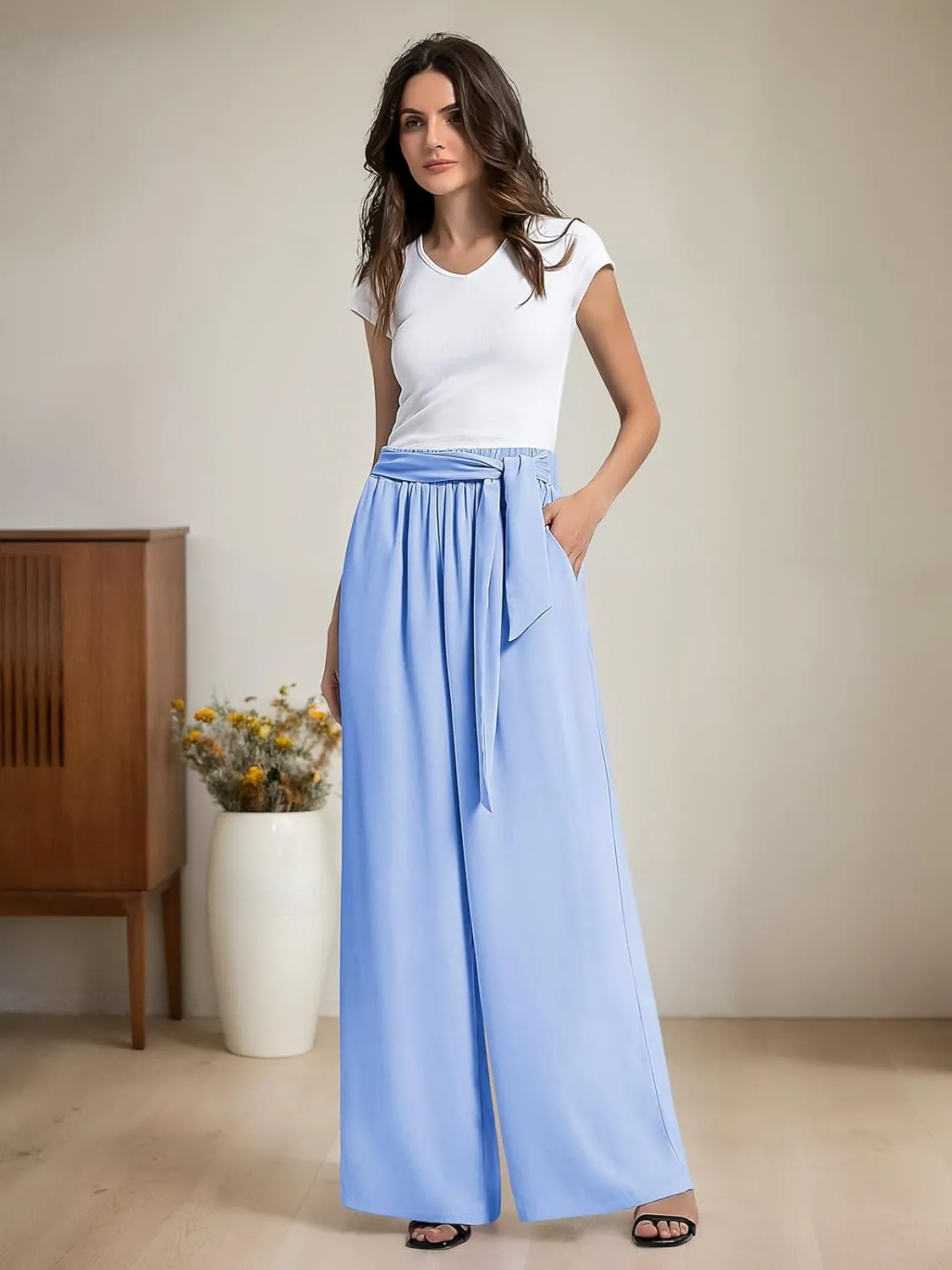 QIANXIZHAN Women's Wide Leg Pants, High Waisted Palazzo Pants Dressy Summer Flowy Casual Lounge Work Dress Pants Trousers WL