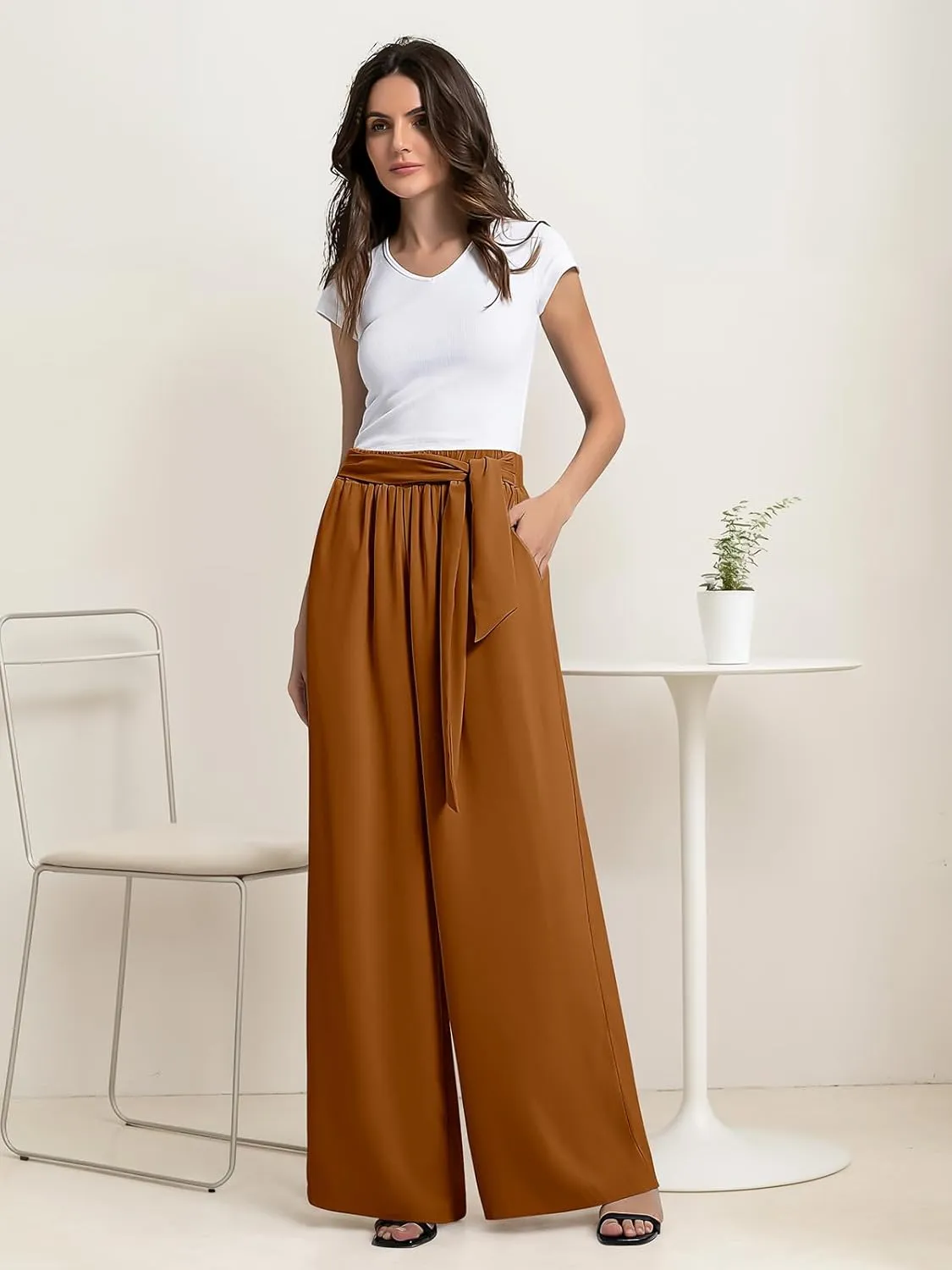 QIANXIZHAN Women's Wide Leg Pants, High Waisted Palazzo Pants Dressy Summer Flowy Casual Lounge Work Dress Pants Trousers WL