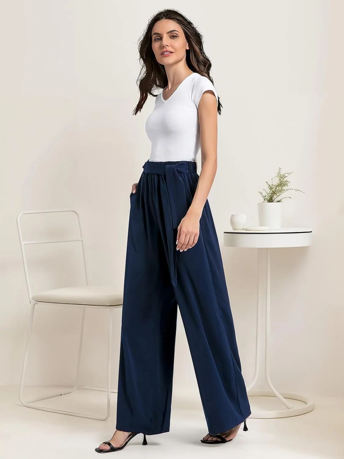 QIANXIZHAN Women's Wide Leg Pants, High Waisted Palazzo Pants Dressy Summer Flowy Casual Lounge Work Dress Pants Trousers WL