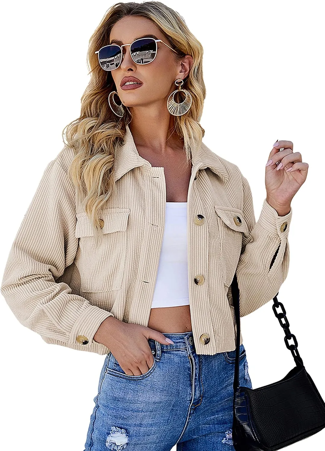 Qiaomai Womens Cropped Corduroy Jacket Loose Button Down Puff Sleeve Shacket Coat