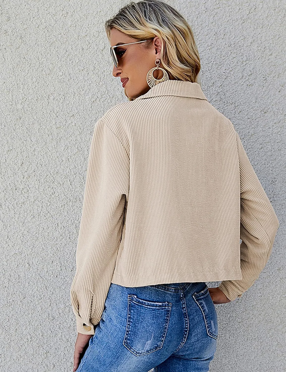 Qiaomai Womens Cropped Corduroy Jacket Loose Button Down Puff Sleeve Shacket Coat