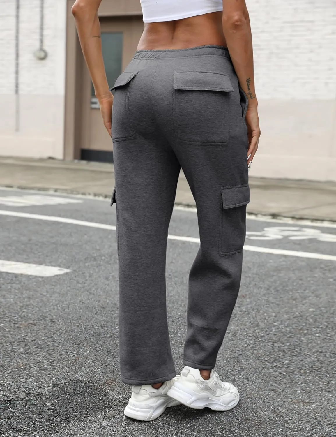 QIBABU Womens Fleece Cargo Sweatpants Casual Baggy Wide Leg Jogger Pants Athletic Open Bottom with Pockets