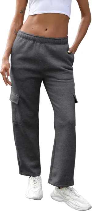 QIBABU Womens Fleece Cargo Sweatpants Casual Baggy Wide Leg Jogger Pants Athletic Open Bottom with Pockets