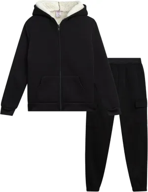 Real Love Girls' Jogger Set - 2 Piece Fully Sherpa Lined Fleece Zip Up Hoodie and Cargo Jogger Pants for Girls (5-16)