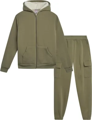 Real Love Girls' Jogger Set - 2 Piece Fully Sherpa Lined Fleece Zip Up Hoodie and Cargo Jogger Pants for Girls (5-16)