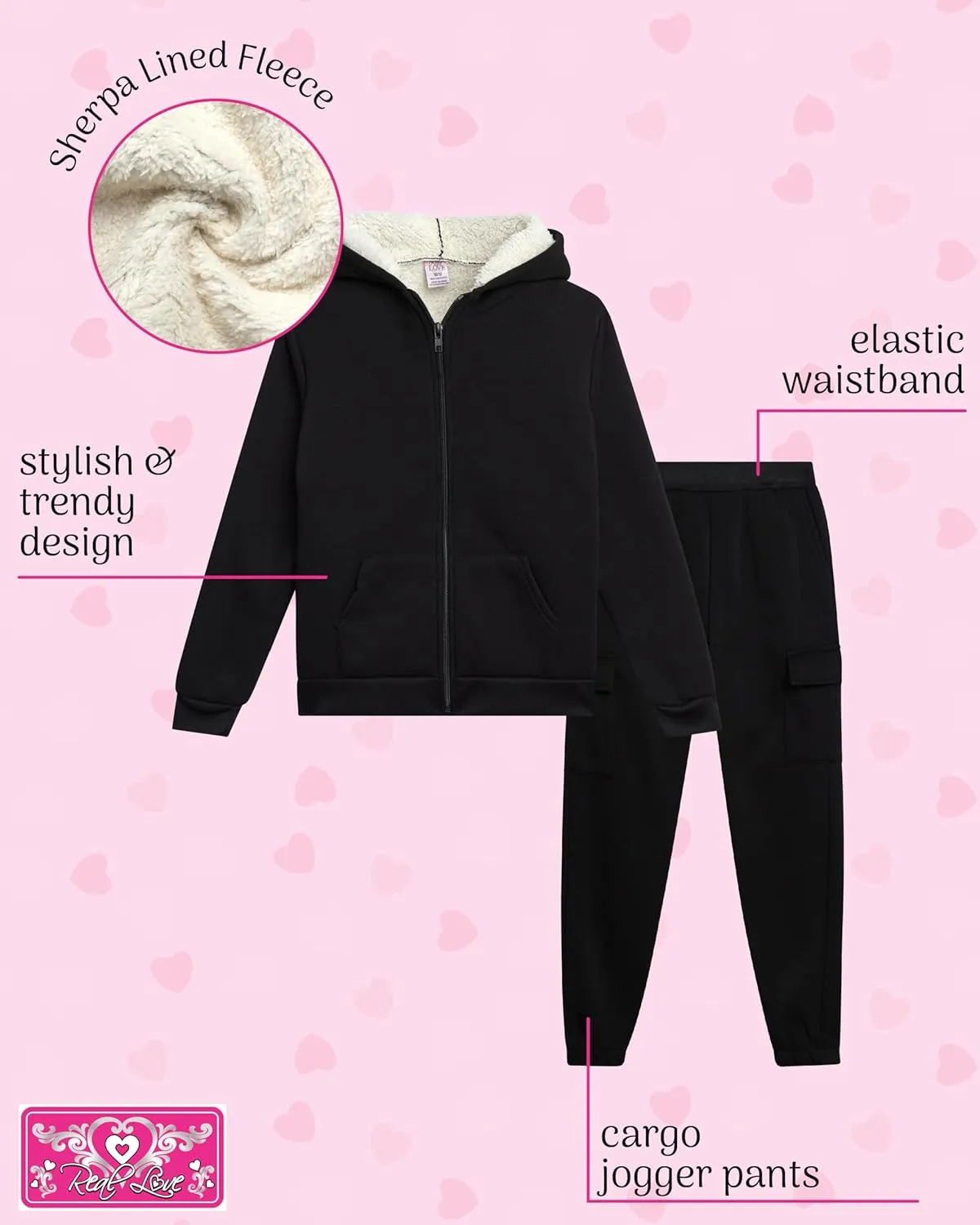 Real Love Girls' Jogger Set - 2 Piece Fully Sherpa Lined Fleece Zip Up Hoodie and Cargo Jogger Pants for Girls (5-16)