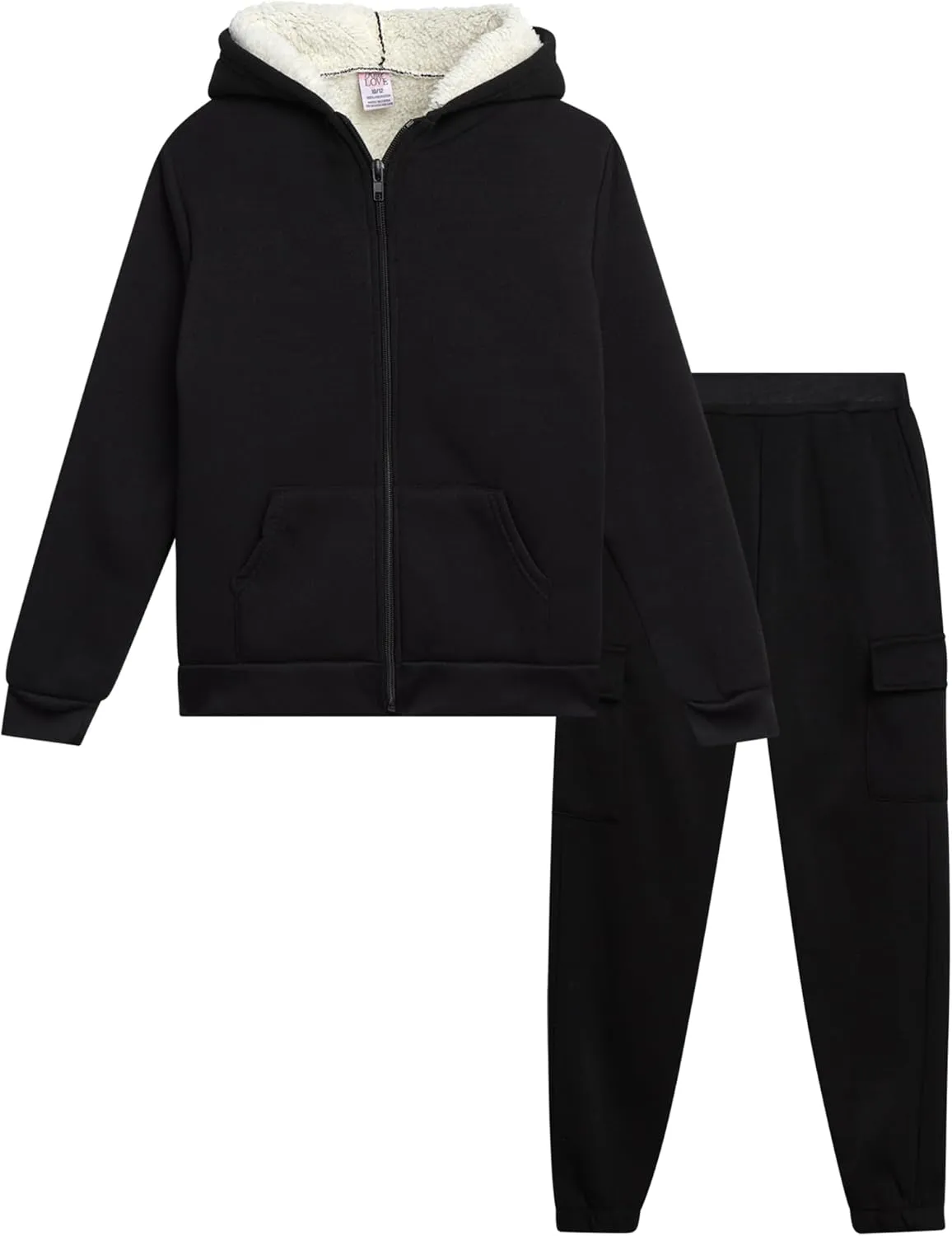 Real Love Girls' Jogger Set - 2 Piece Fully Sherpa Lined Fleece Zip Up Hoodie and Cargo Jogger Pants for Girls (5-16)