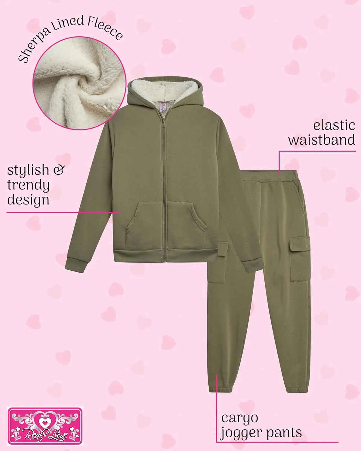 Real Love Girls' Jogger Set - 2 Piece Fully Sherpa Lined Fleece Zip Up Hoodie and Cargo Jogger Pants for Girls (5-16)