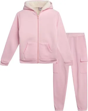 Real Love Girls' Jogger Set - 2 Piece Fully Sherpa Lined Fleece Zip Up Hoodie and Cargo Jogger Pants for Girls (5-16)