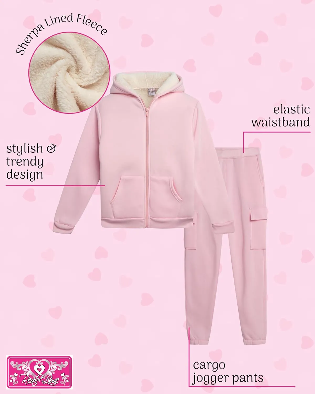 Real Love Girls' Jogger Set - 2 Piece Fully Sherpa Lined Fleece Zip Up Hoodie and Cargo Jogger Pants for Girls (5-16)