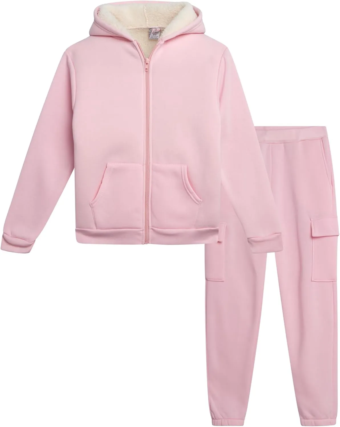 Real Love Girls' Jogger Set - 2 Piece Fully Sherpa Lined Fleece Zip Up Hoodie and Cargo Jogger Pants for Girls (5-16)
