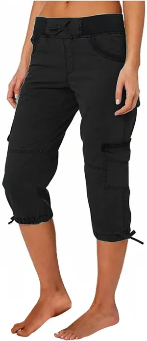 RKSTN Summer Capri Pants for Women Casual Cargo Pant Elastic Waist Cropped Trouser Pants with Pockets Plain Capris