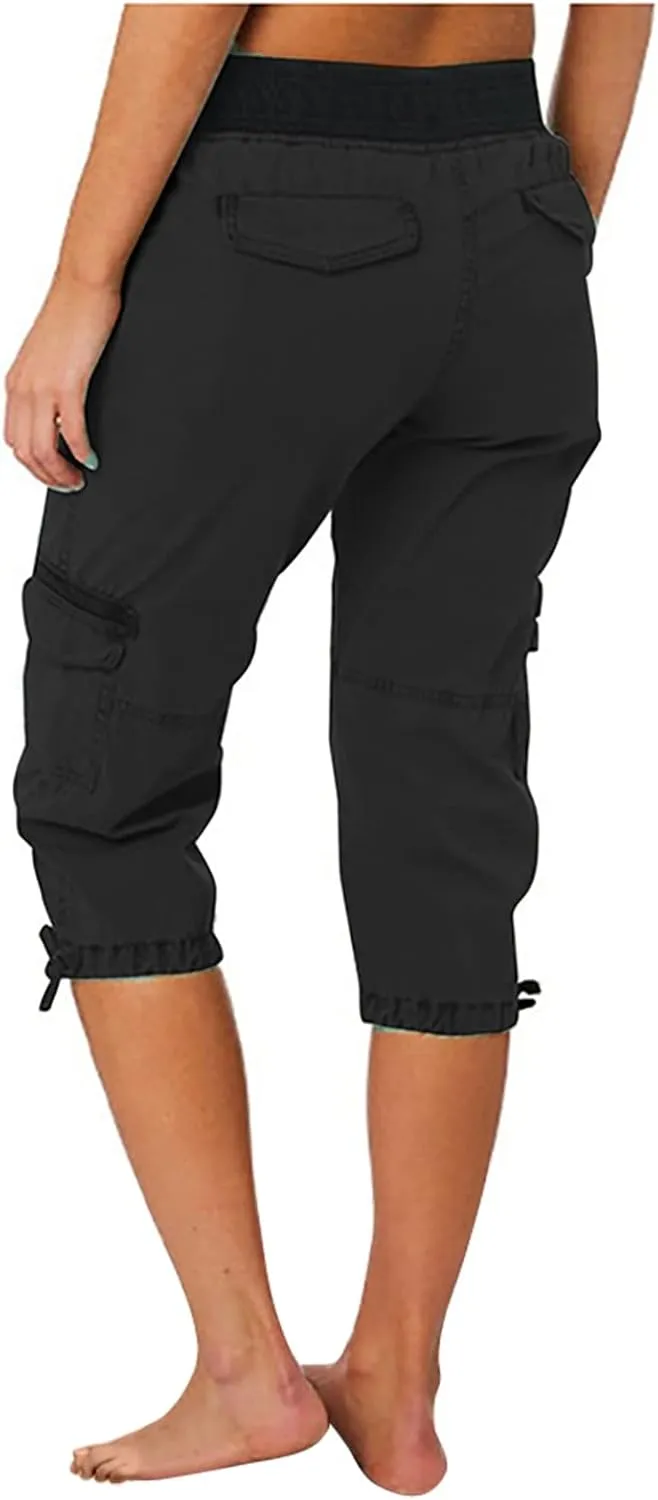 RKSTN Summer Capri Pants for Women Casual Cargo Pant Elastic Waist Cropped Trouser Pants with Pockets Plain Capris