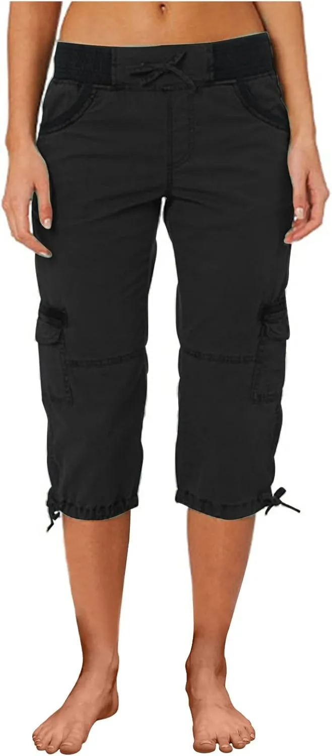 RKSTN Summer Capri Pants for Women Casual Cargo Pant Elastic Waist Cropped Trouser Pants with Pockets Plain Capris
