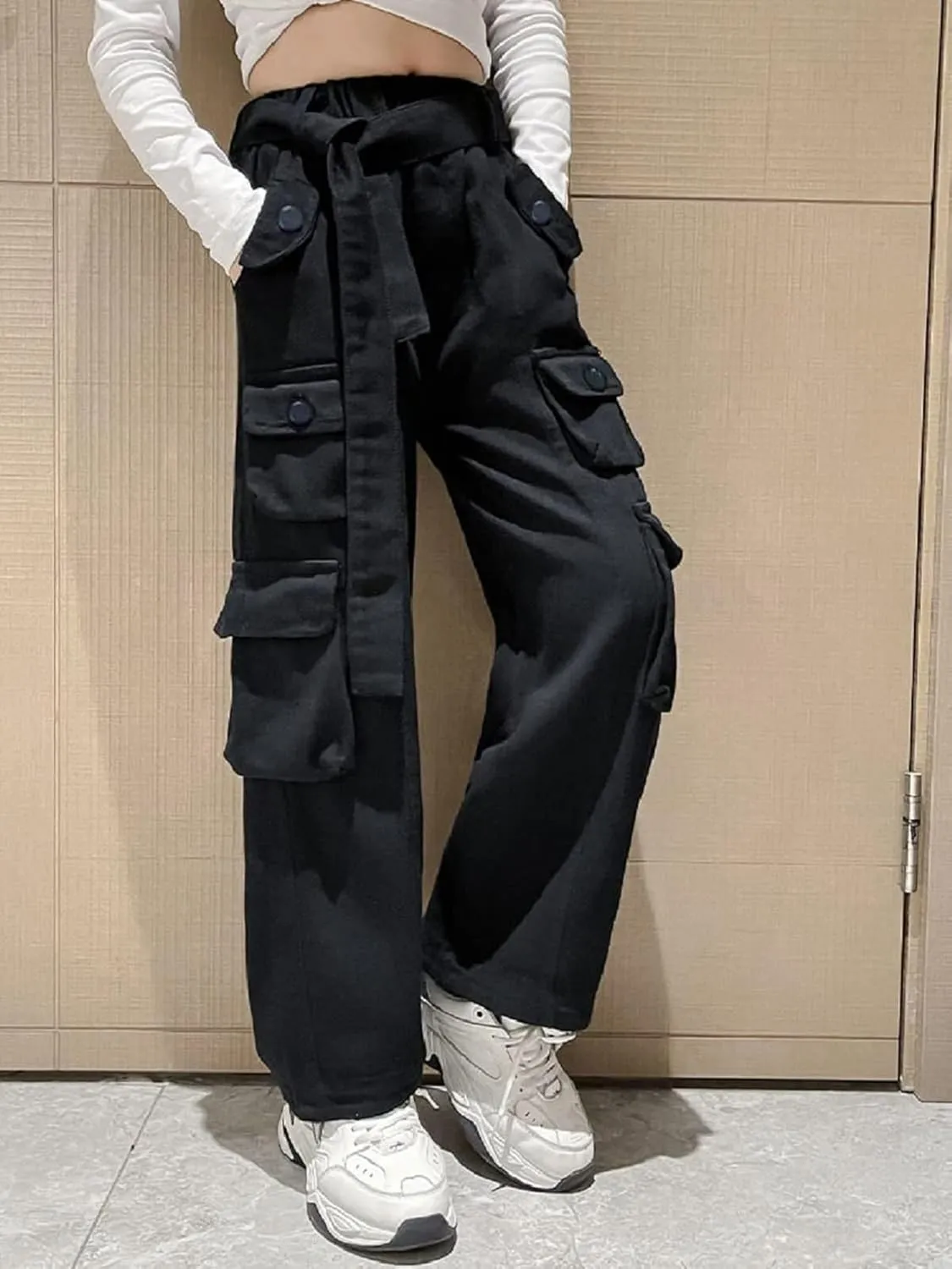Rolanko Girls Cargo Pants Baggy Y2K Cargo Trousers Jeans Wide Leg Pants with Multi Pockets 4-15 Years